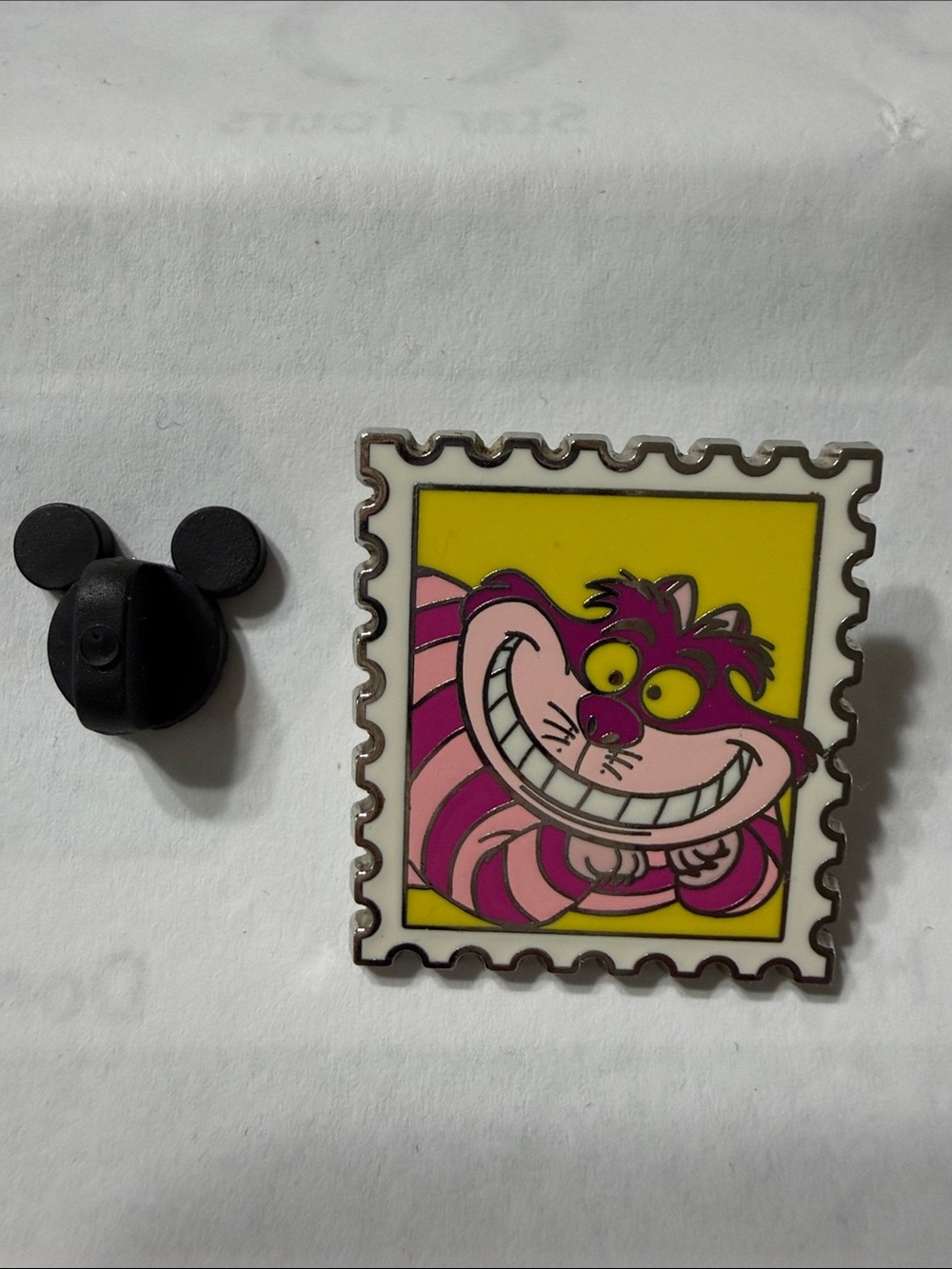 Disney Cheshire Cat Enamel stamp Pin - Pink & Yellow Stamp Design